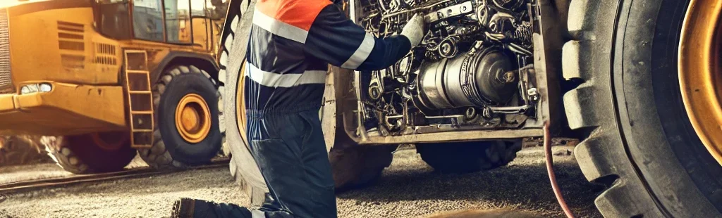 DALL·E 2024-10-22 01.11.43 - A detailed image of a mechanic performing maintenance on heavy machinery in a construction site. The machinery is large and industrial, with visible t