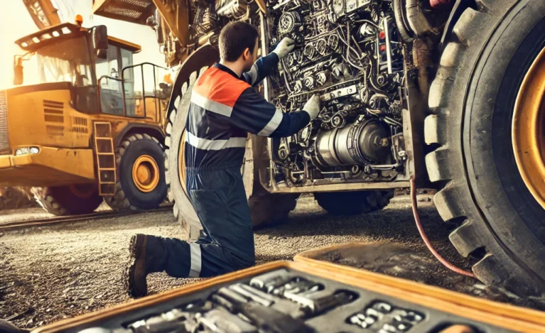 DALL·E 2024-10-22 01.11.43 - A detailed image of a mechanic performing maintenance on heavy machinery in a construction site. The machinery is large and industrial, with visible t