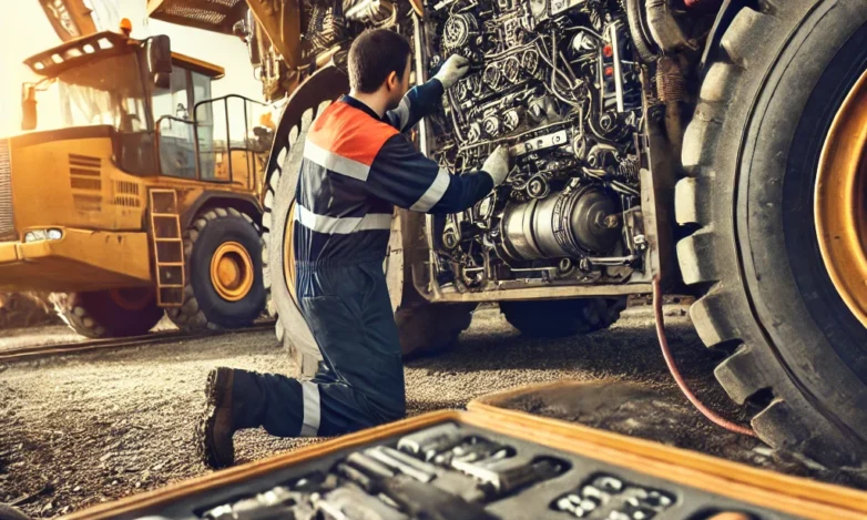 DALL·E 2024-10-22 01.11.43 - A detailed image of a mechanic performing maintenance on heavy machinery in a construction site. The machinery is large and industrial, with visible t